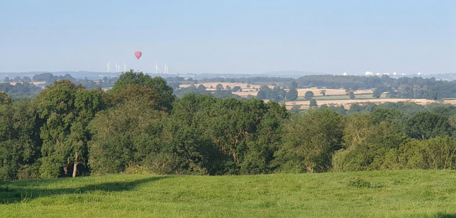 A hot air balloon visible above distant fields beyond Farnham, with the white radomes of RAF Menwith Hill on the far horizon and green pasture in the foreground