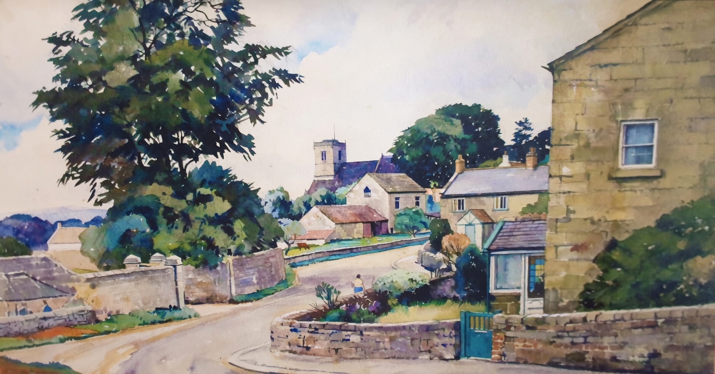 A watercolour painting of Farnham village, showing the curving street and St Oswald's tower above the cottages