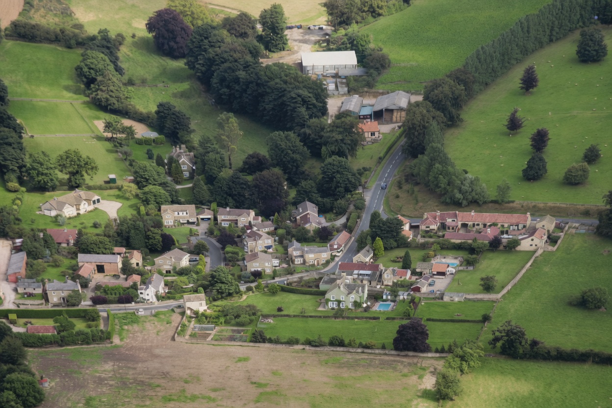 An aerial photograph of Farnham village, showing its linear plan along the limestone ridge with surrounding fields and woodland