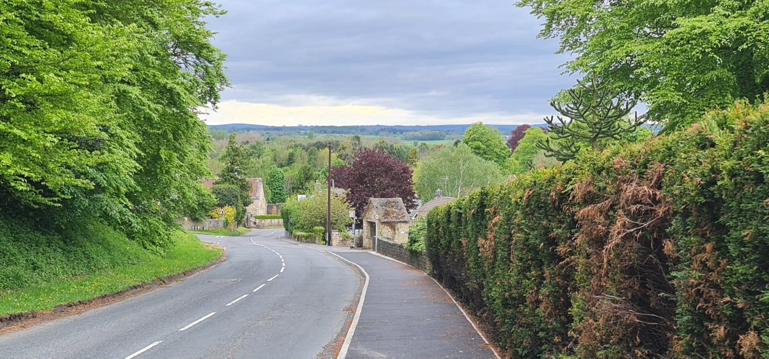The view down Farnham Lane in late spring, the road descending between leafy green hedgerows with village rooftops and open countryside visible beyond
