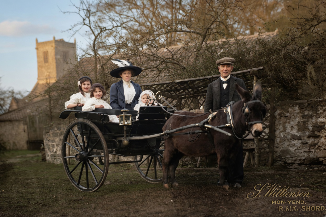 Restored colour photograph of a family of five in a polished black donkey trap. The mother sits in the trap in a wide black hat and navy coat, two little girls in white pinafores beside her, a baby in a white bonnet between them. The father stands holding the donkey's head. Behind them the fifteenth-century tower of St Oswald's rises through bare winter branches