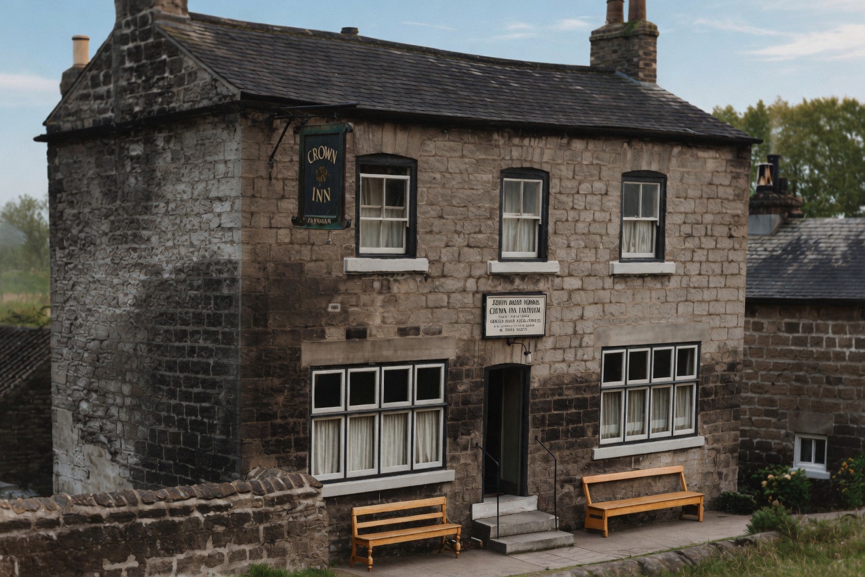 Restored colour photograph of the Crown Inn pub in Farnham, c. 1940s &mdash; a two-storey stone building with twin chimneys, the &lsquo;Crown Inn&rsquo; hanging sign on the front, and two wooden benches beneath the ground-floor windows. The licensee&rsquo;s plaque above the door reads &lsquo;Joseph Arthur Horner, Crown Inn, Farnham&rsquo;. Restored and colourised from a black-and-white original.