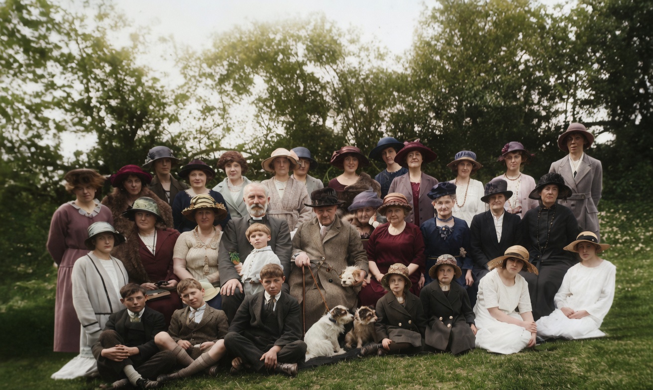 Restored colour group portrait of about thirty Farnham villagers gathered on a sunny lawn in 1923. Mrs Susan Slingsby of Farnham Lodge sits in the middle row with her three dogs; the Rev. John Bernard Hall, vicar of Farnham, sits to her right with his wife and son. Women stand at the back in cloche hats; older gentlemen in tweed waistcoats and children sit at the front.