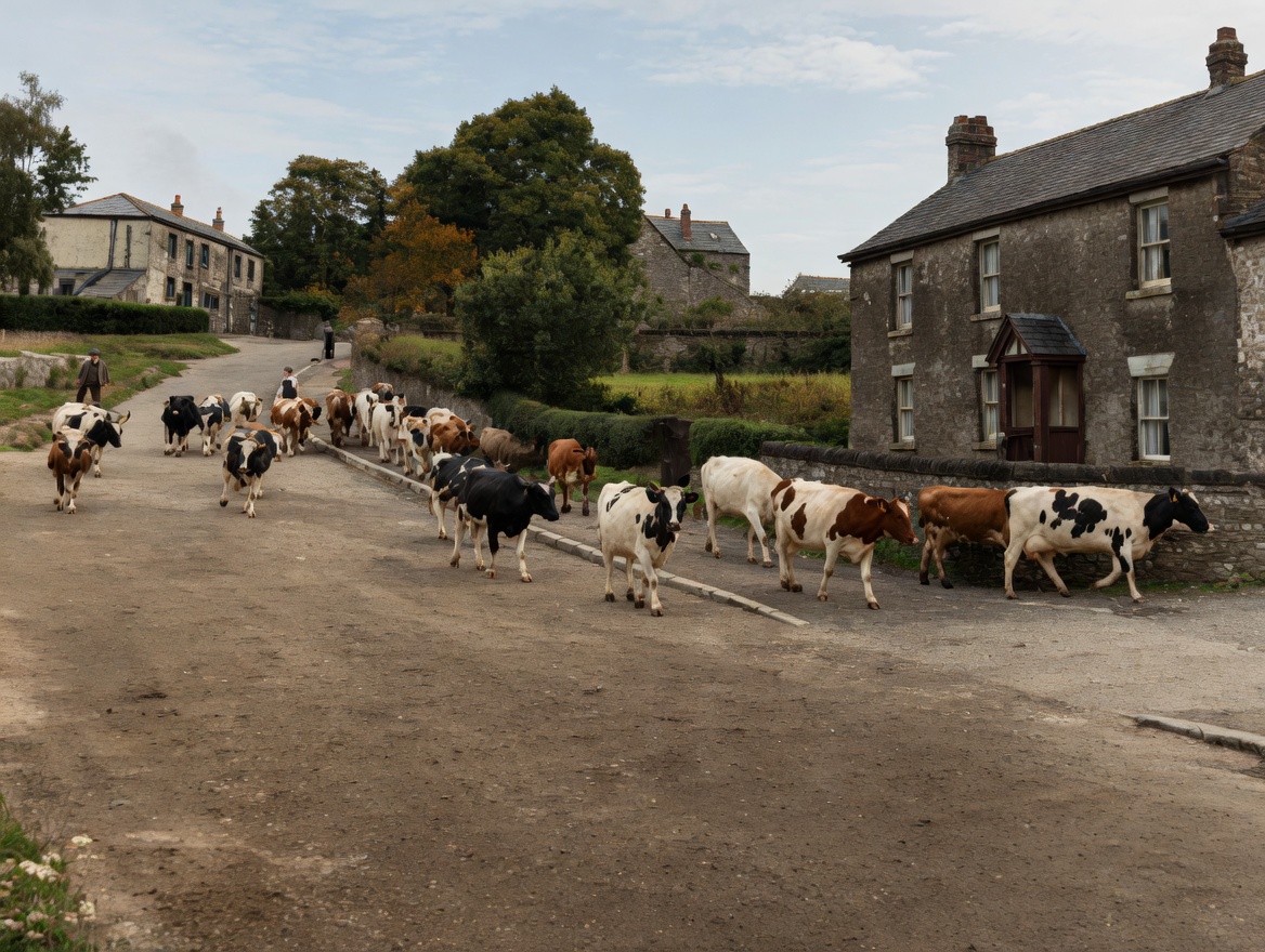 Restored colour photograph of about fifteen dairy cows being driven down a curving Farnham village street with stone cottages on either side. The cowman walks behind the herd. Autumn trees on the right. Mid-twentieth century; restored from a black-and-white original.