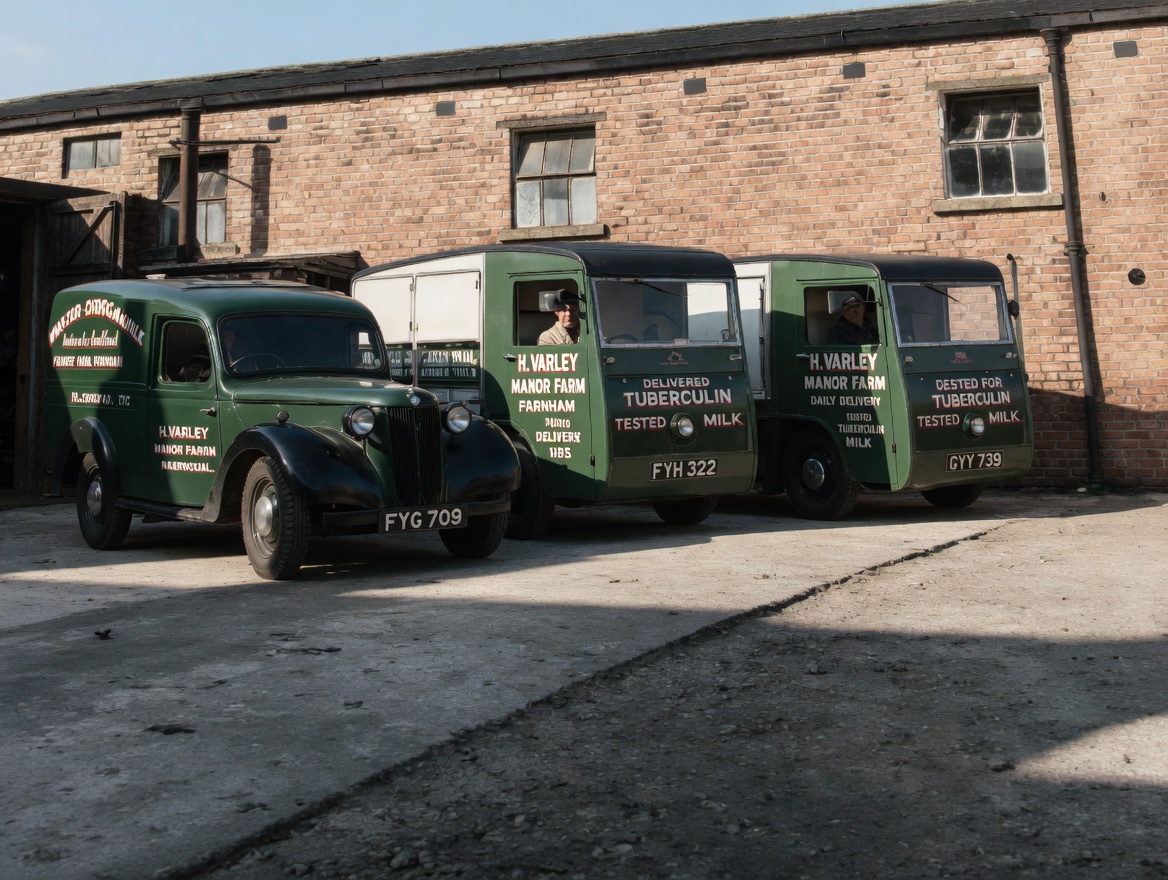 Restored colour photograph of three green H. Varley Manor Farm dairy vans parked outside a brick barn, lettered &lsquo;Tuberculin Tested Milk &mdash; Daily Delivery, Farnham&rsquo;. Mid-twentieth century; restored from a black-and-white original.