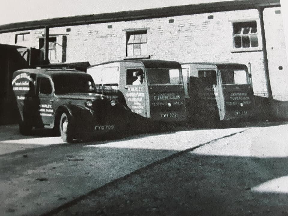 Original black-and-white photograph of three of H. Varley's Manor Farm Dairy vans drawn up outside the brick range of the dairy buildings. Three different van bodies are visible, with the registrations FYG 709, FYH 322 and GYY 739. Mid-twentieth century.