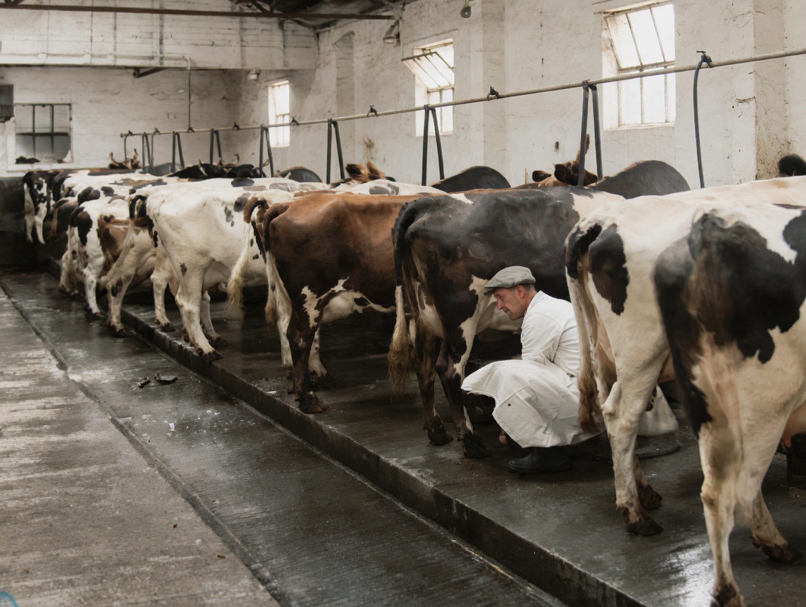 Restored colour photograph of the interior of the Manor Farm cow shed: a long row of dairy cows in their stalls, the dairyman kneeling between two cows. Mid-twentieth century; restored from a black-and-white original.