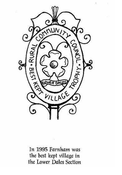 A line drawing of the Best Kept Village trophy &mdash; an oval-shaped trophy bearing the words &lsquo;RURAL COMMUNITY COUNCIL&rsquo;, &lsquo;BEST KEPT VILLAGE TROPHY&rsquo; and &lsquo;LOWER DALES&rsquo; with decorative scrollwork &mdash; from Bridger&rsquo;s 1996 book, captioned &lsquo;In 1995 Farnham was the best kept village in the Lower Dales Section&rsquo;.