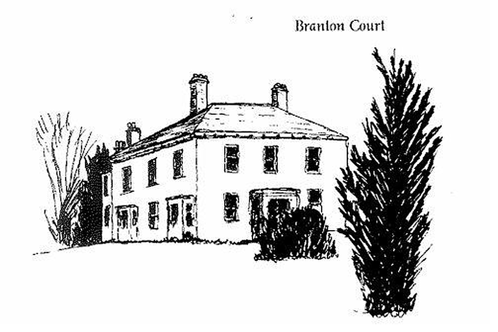 A line drawing of Branton Court by an artist for Bridger&rsquo;s 1996 book, showing a substantial Victorian country house with hipped roof, sash windows and tall trees beside it.