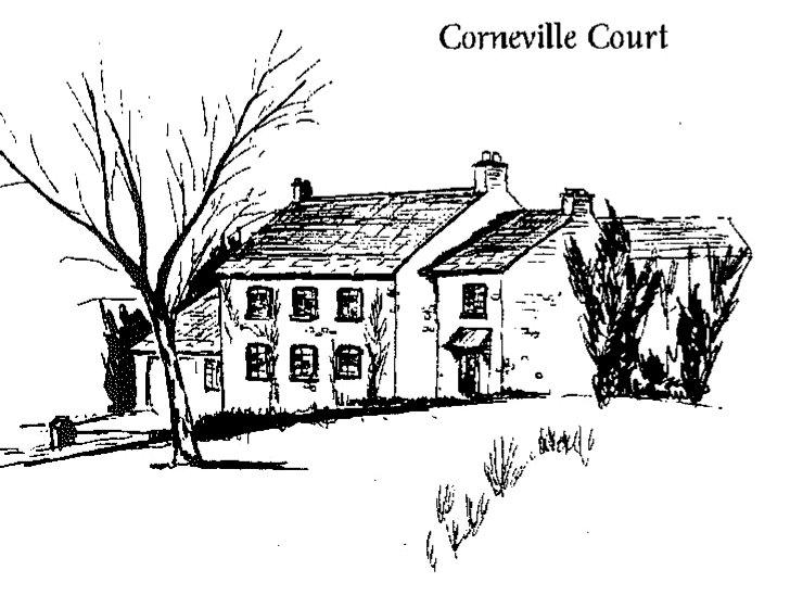 A line drawing of Corneville Court by an artist for Bridger&rsquo;s 1996 book, showing a substantial stone house surrounded by mature trees with a low garden wall.