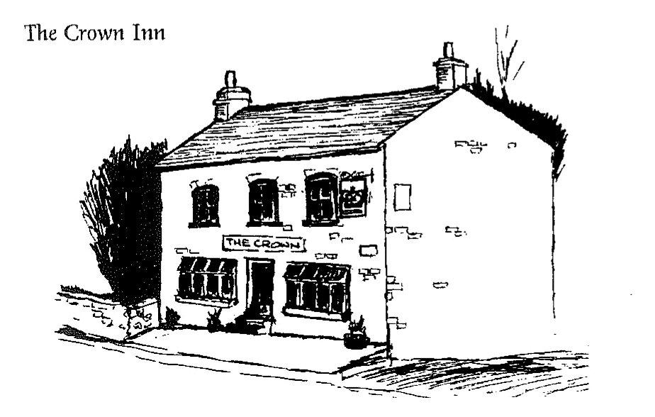 A line drawing of The Crown Inn at Farnham by an artist for Bridger&rsquo;s 1996 book, showing the white-painted two-storey village inn with its prominent &lsquo;THE CROWN&rsquo; sign, sash windows and central front door.