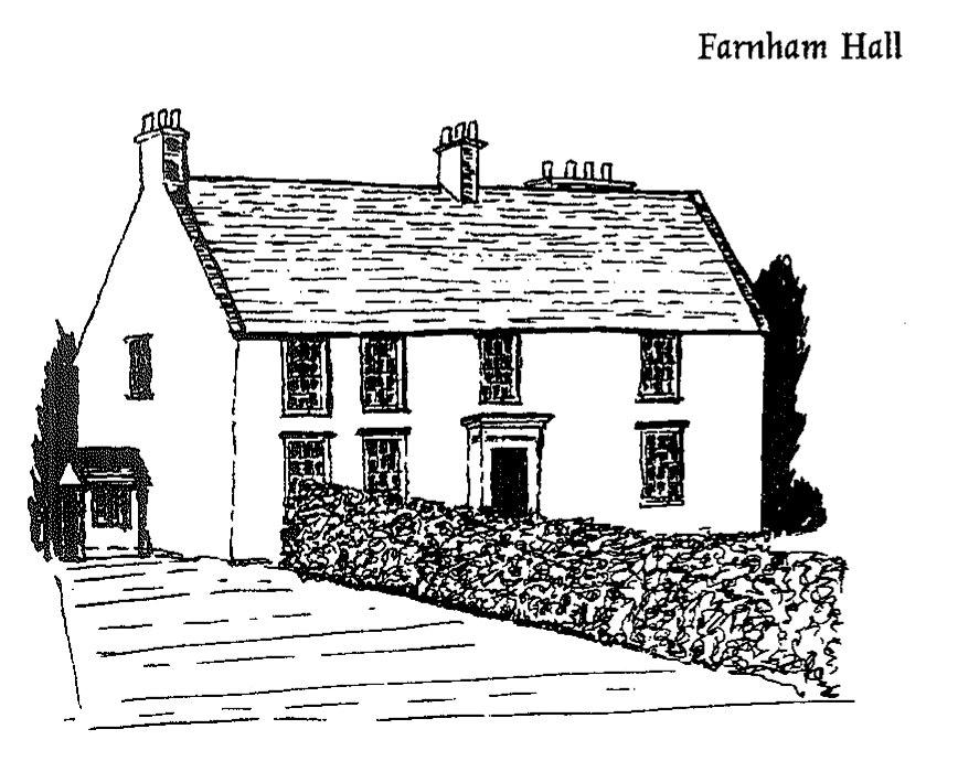 A line drawing of Farnham Hall by an artist for Bridger&rsquo;s 1996 book, showing a substantial double-fronted Georgian-style house with sash windows and a central pedimented doorway.