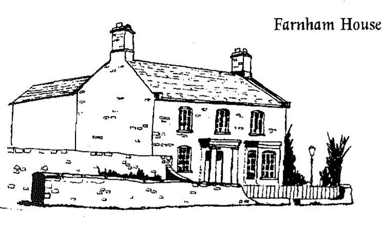 A line drawing of Farnham House by an artist for Bridger&rsquo;s 1996 book, showing a substantial L-shaped farmhouse with sash windows and prominent stone chimneys.