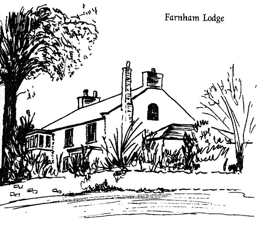 A line drawing of Farnham Lodge by an artist for Bridger&rsquo;s 1996 book, showing the original vicarage house surrounded by mature trees, with multiple chimneys and gabled roof sections.