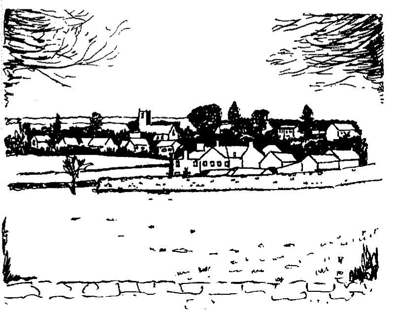 A panoramic line drawing of Farnham seen from Farnham Lane, by an artist for Bridger&rsquo;s 1996 book, showing the village as a low cluster of stone houses with the tower of St Oswald&rsquo;s rising above the trees.