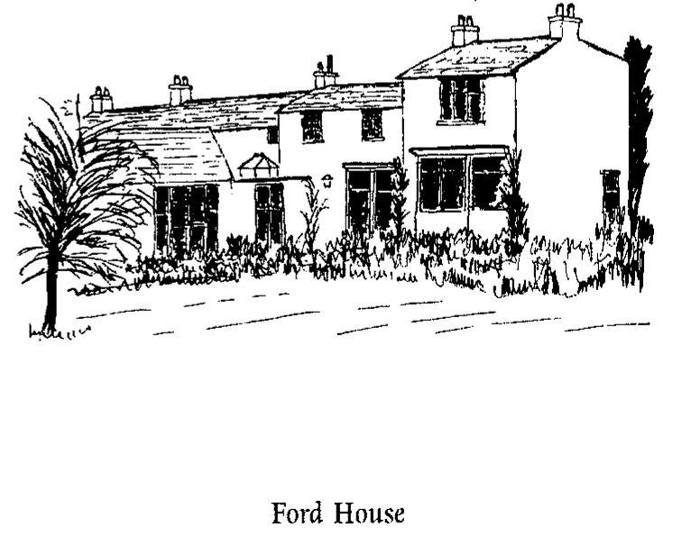 A line drawing of Ford House (originally Ravenscliffe) by an artist for Bridger&rsquo;s 1996 book, showing a long two-storey house with multiple chimneys.