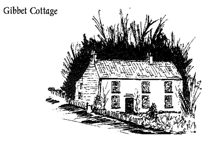 A line drawing of Gibbet Cottage by an artist for Bridger&rsquo;s 1996 book, showing a small cottage set against dense trees, with a low wall in front.