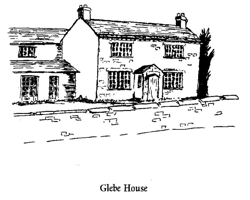A line drawing of Glebe House by an artist for Bridger&rsquo;s 1996 book. The drawing shows a substantial double-fronted two-storey stone farmhouse with two prominent chimneys, a central pedimented porch over the front door, sash windows on both floors, an adjoining lower side wing on the left with two doorways at ground level, a low stone garden wall along the road, and the distinctive cobbled forecourt laid in the traditional Yorkshire pattern.