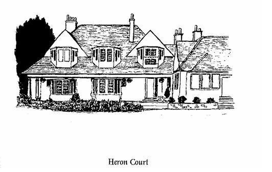 A line drawing of Heron Court by an artist for Bridger&rsquo;s 1996 book, showing an Edwardian house in romantic style with steep gables, dormer windows and tall chimneys, set among mature trees.