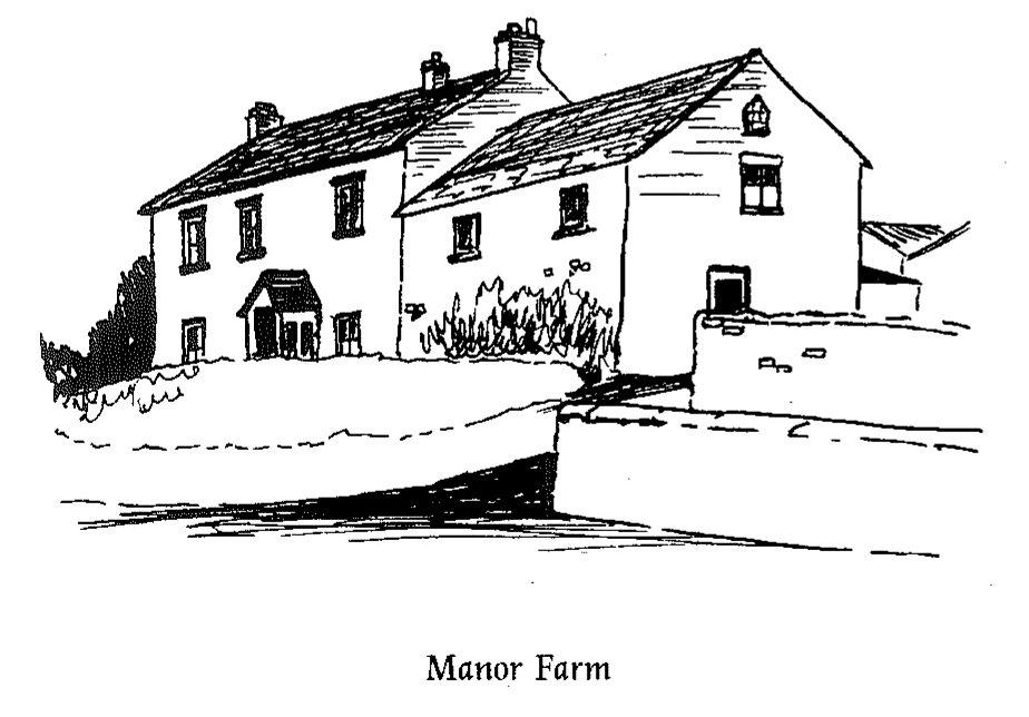 A line drawing of Manor Farm by an artist for Bridger&rsquo;s 1996 book, showing a long low whitewashed farmhouse with stone outbuildings, multiple chimneys, and garden walls.