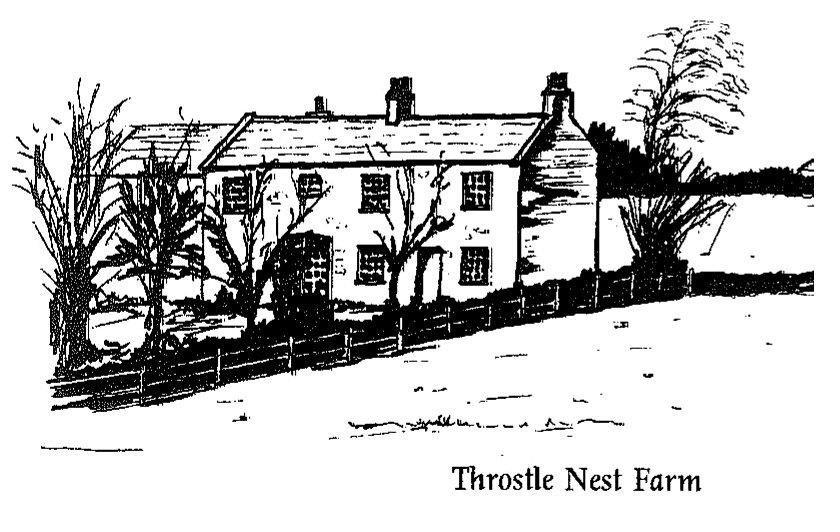 A line drawing of Throstle Nest Farm by an artist for Bridger&rsquo;s 1996 book, showing a substantial two-storey stone farmhouse with mature trees alongside.