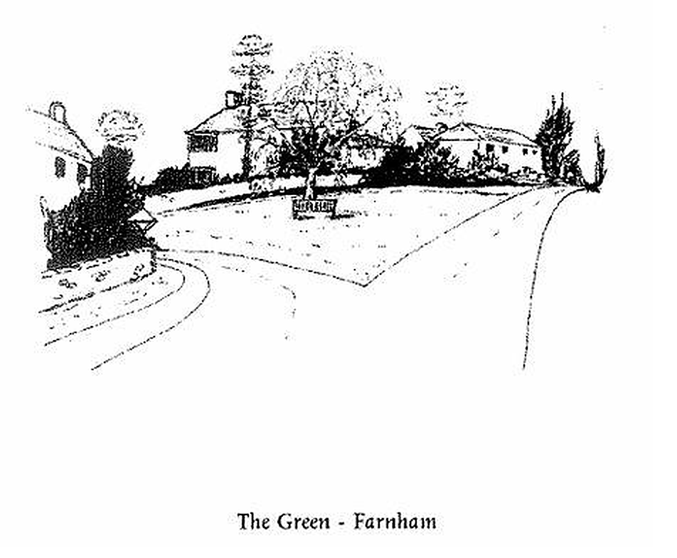 A line drawing of the village green at Farnham by an artist for Bridger&rsquo;s 1996 book, showing the gently curving road around the triangular green with the central silver birch tree planted in 1909, and stone cottages lining the green.